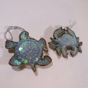 Vintage Sequins & Fabric Sea Turtle and Crab Hangs, Ornament, Tarnished, Aged